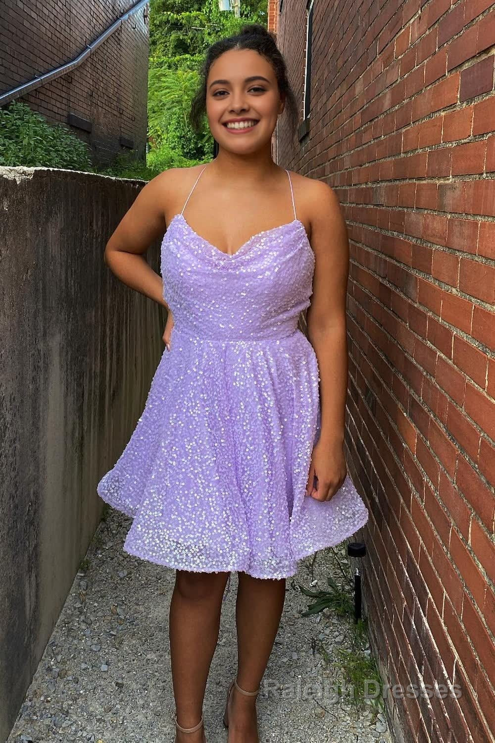 Lilac Sequins Homecoming Dress with Criss Cross Back Main image