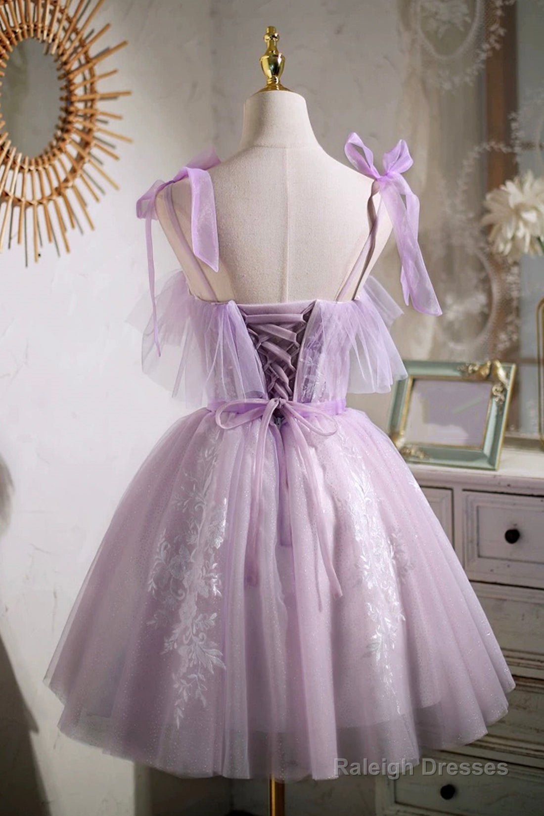 Lilac Spaghetti Strap Tulle Lace Short Prom Dresses Lovely A-Line Prom Dresses