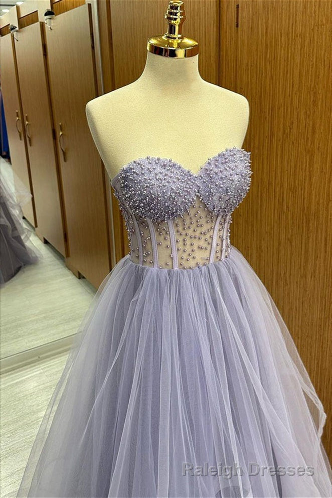 Lilac Strapless Beaded Ruffle-Layers Tulle Long Prom Dress Secondary image