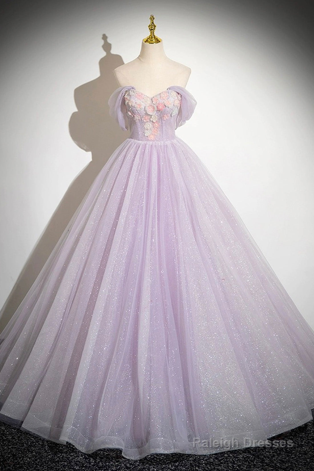 Lilac Strapless Tulle Long Prom Dresses With Flowers, Lilac Off The Shoulder Formal Evening Dresses Main image