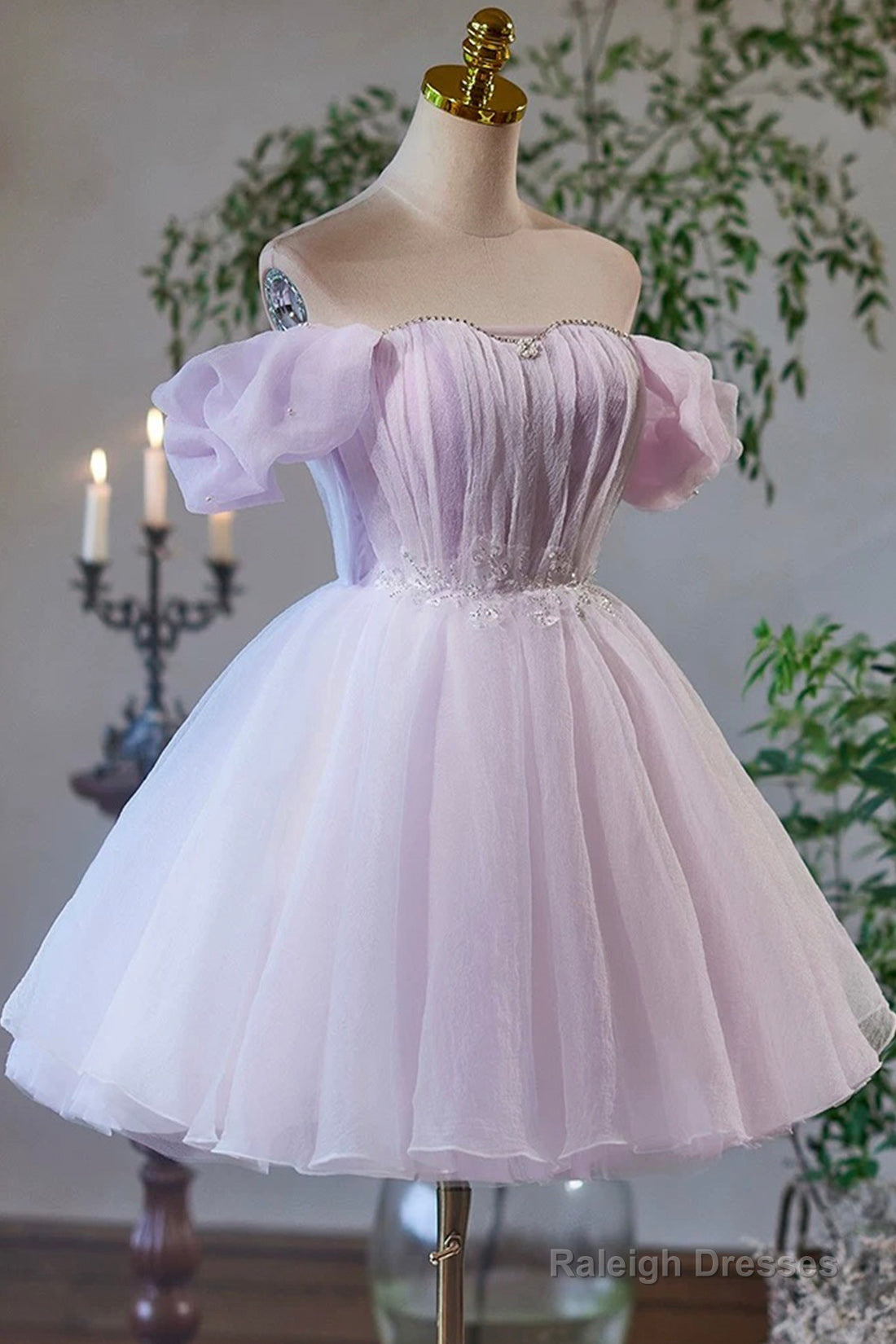 Lilac Tulle Knee Length Party Dress, Lovely A-Line Off The Shoulder Evening Dress