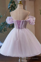 Lilac Tulle Knee Length Party Dress, Lovely A-Line Off The Shoulder Evening Dress