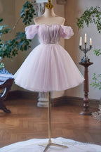 Lilac Tulle Knee Length Party Dress, Lovely A-Line Off The Shoulder Evening Dress