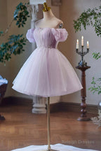 Lilac Tulle Knee Length Party Dress, Lovely A-Line Off The Shoulder Evening Dress