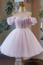 Lilac Tulle Knee Length Party Dress, Lovely A-Line Off The Shoulder Evening Dress