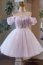 Lilac Tulle Knee Length Party Dress, Lovely A-Line Off The Shoulder Evening Dress
