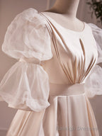Beautiful Scoop Neck Tea Length Prom Dress, A Line Puffy Short Sleeve Backless Prom Dress