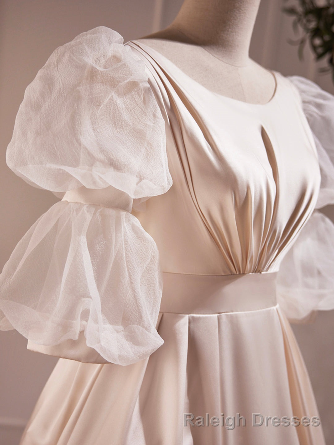 Beautiful Scoop Neck Tea Length Prom Dress, A Line Puffy Short Sleeve Backless Prom Dress