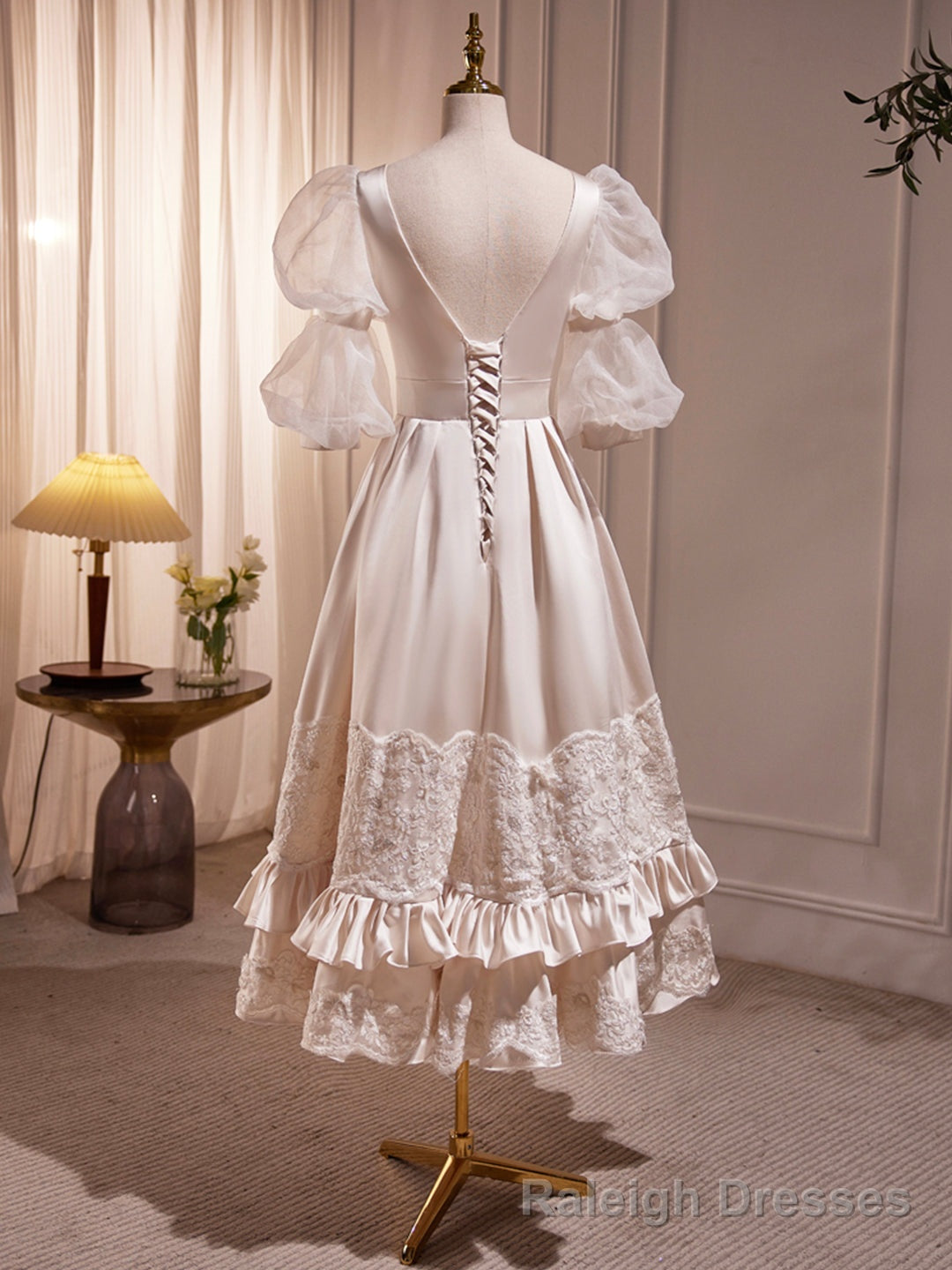 Beautiful Scoop Neck Tea Length Prom Dress, A Line Puffy Short Sleeve Backless Prom Dress