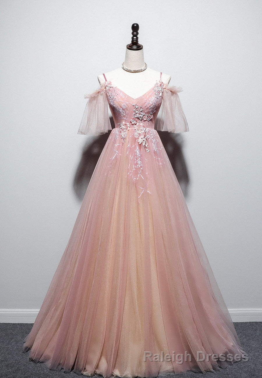 Pink V Neck Lace Long Prom Dresses, A Line Prom Dresses Main image