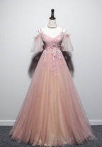 Pink V Neck Lace Long Prom Dresses, A Line Prom Dresses