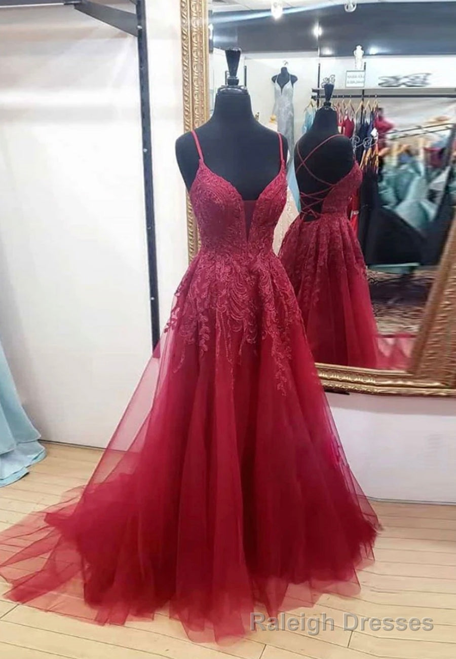 Burgundy V Neck Lace Long Prom Dresses, A Line Prom Dresses