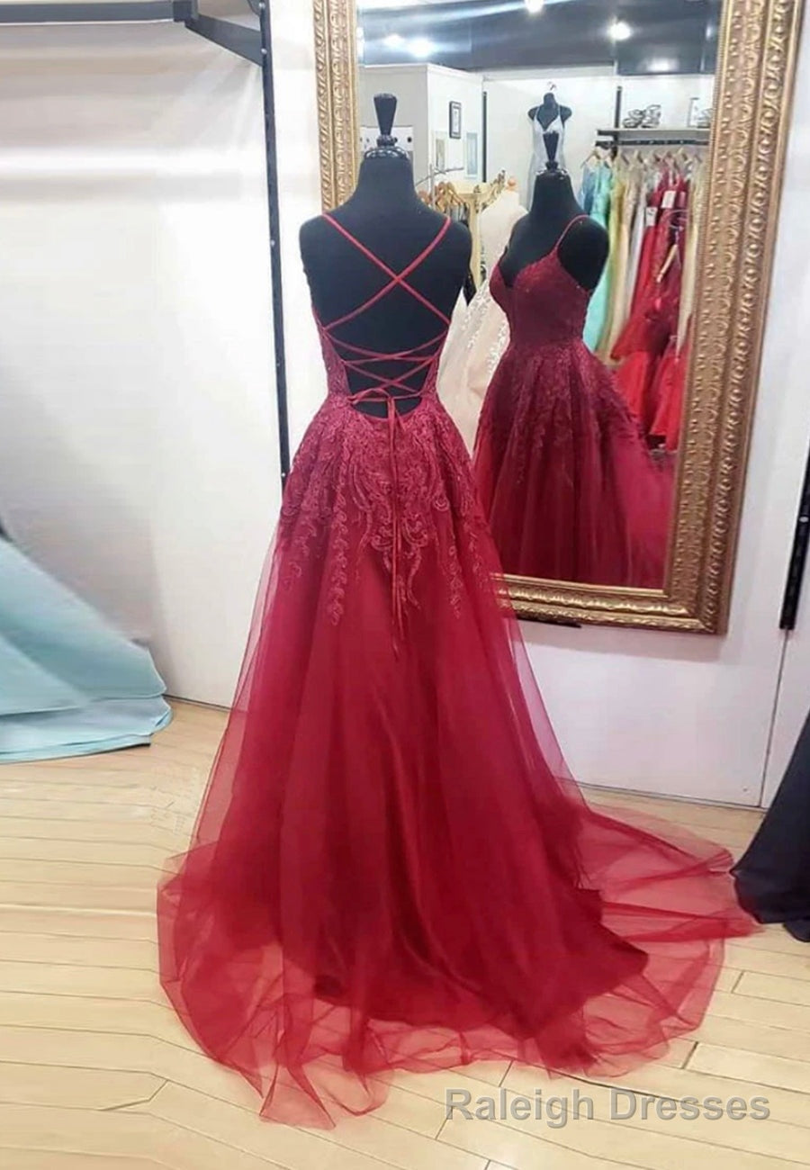 Burgundy V-Neck Lace Long Prom Dresses, A-Line Evening Dresses Secondary image