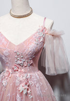 Pink V Neck Lace Long Prom Dresses, A Line Prom Dresses