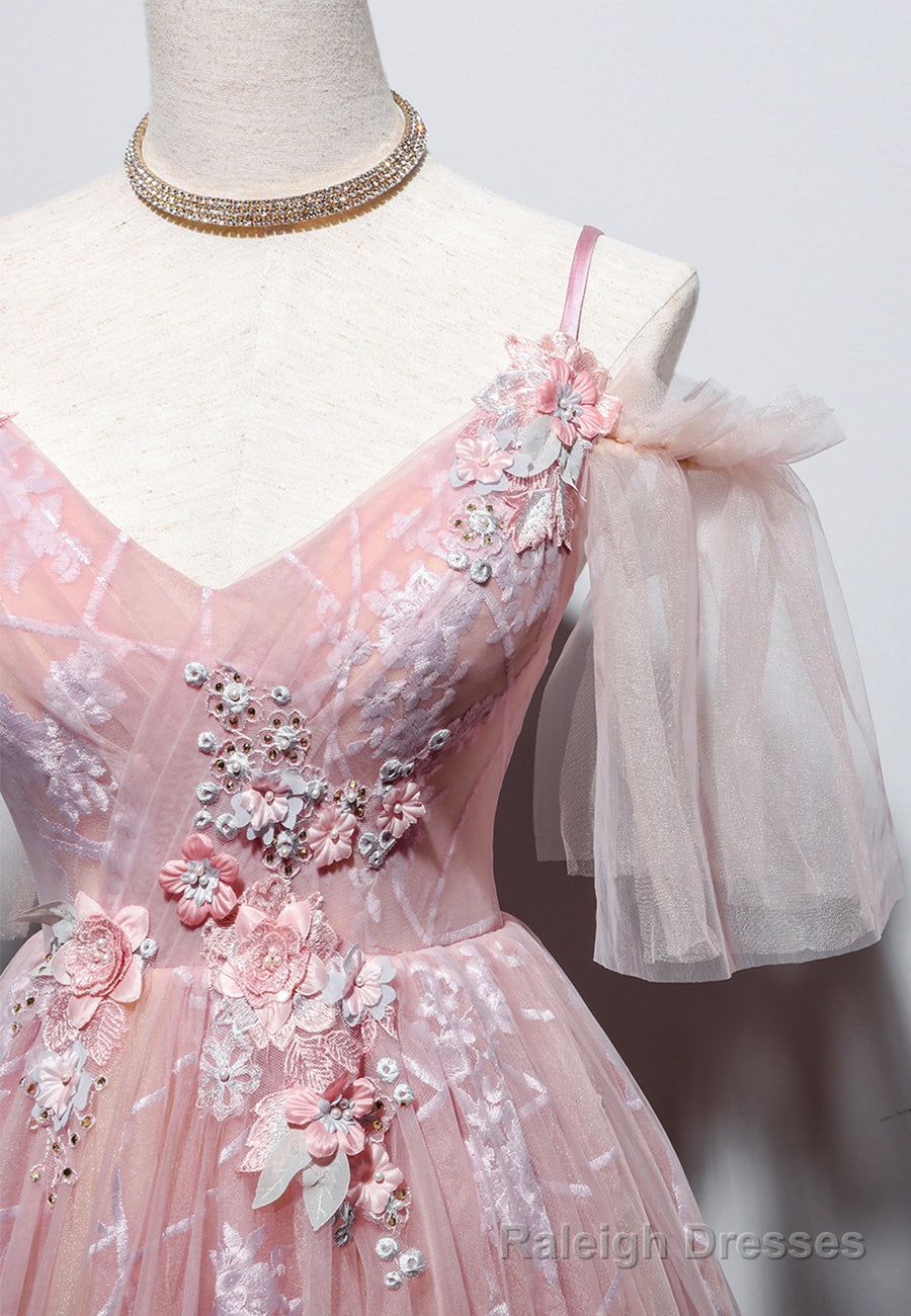 Pink V Neck Lace Long Prom Dresses, A Line Prom Dresses
