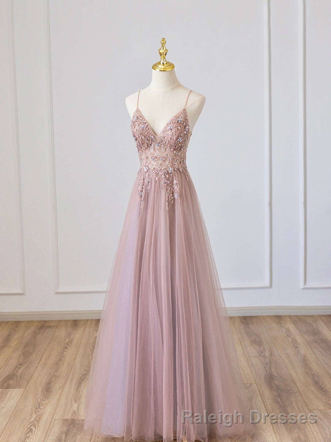 Pink V-Neck Tulle Long Prom Dress with Beaded, Pink Spaghetti Strap Evening Dress Main image