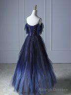 Blue Gradient Tulle Long Prom Dress, Beautiful Spaghetti Strap Evening Party Dress