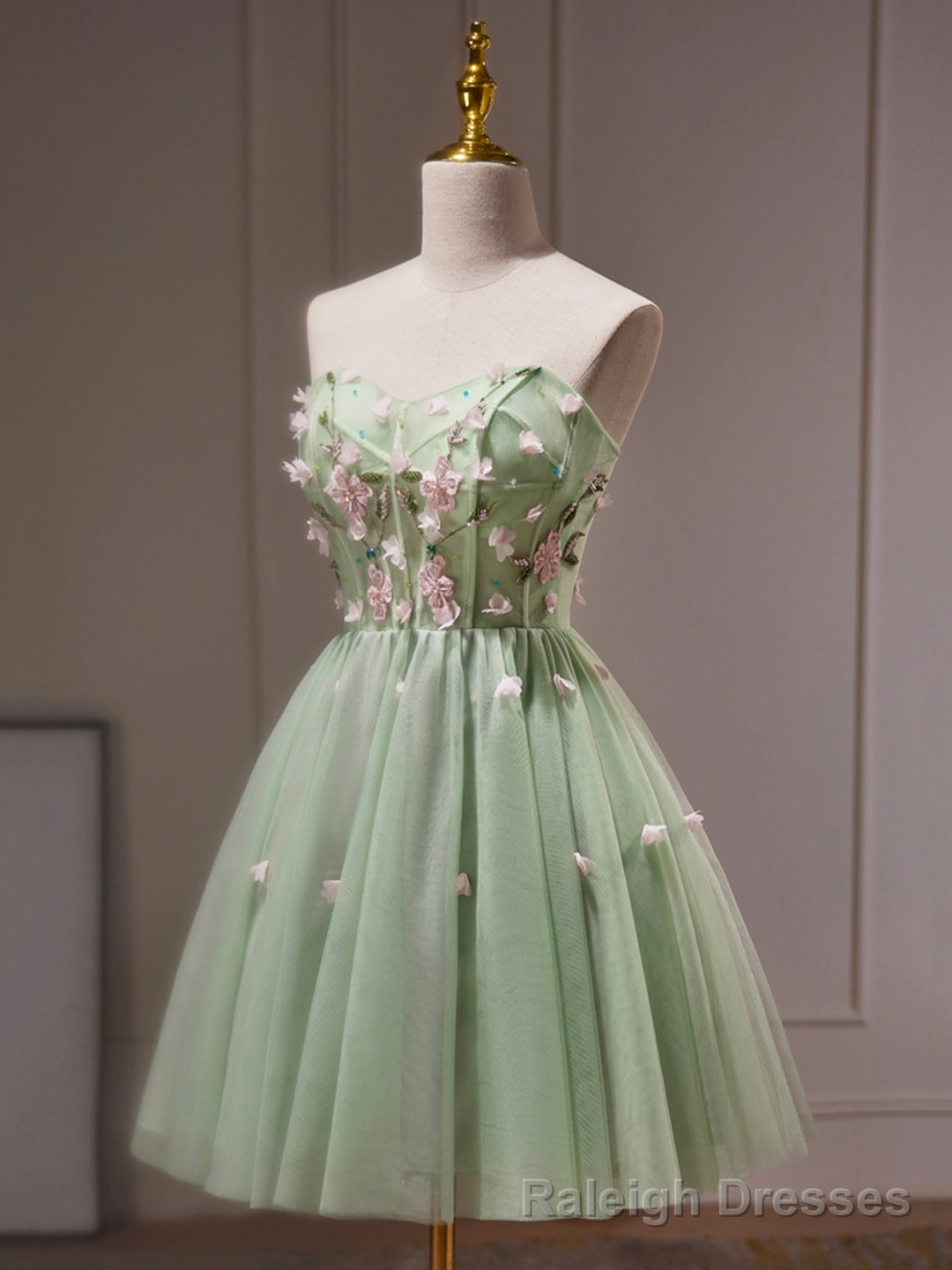 Green Tulle Beaded Prom Dress, Green Short Prom Dress with Flowers Main image