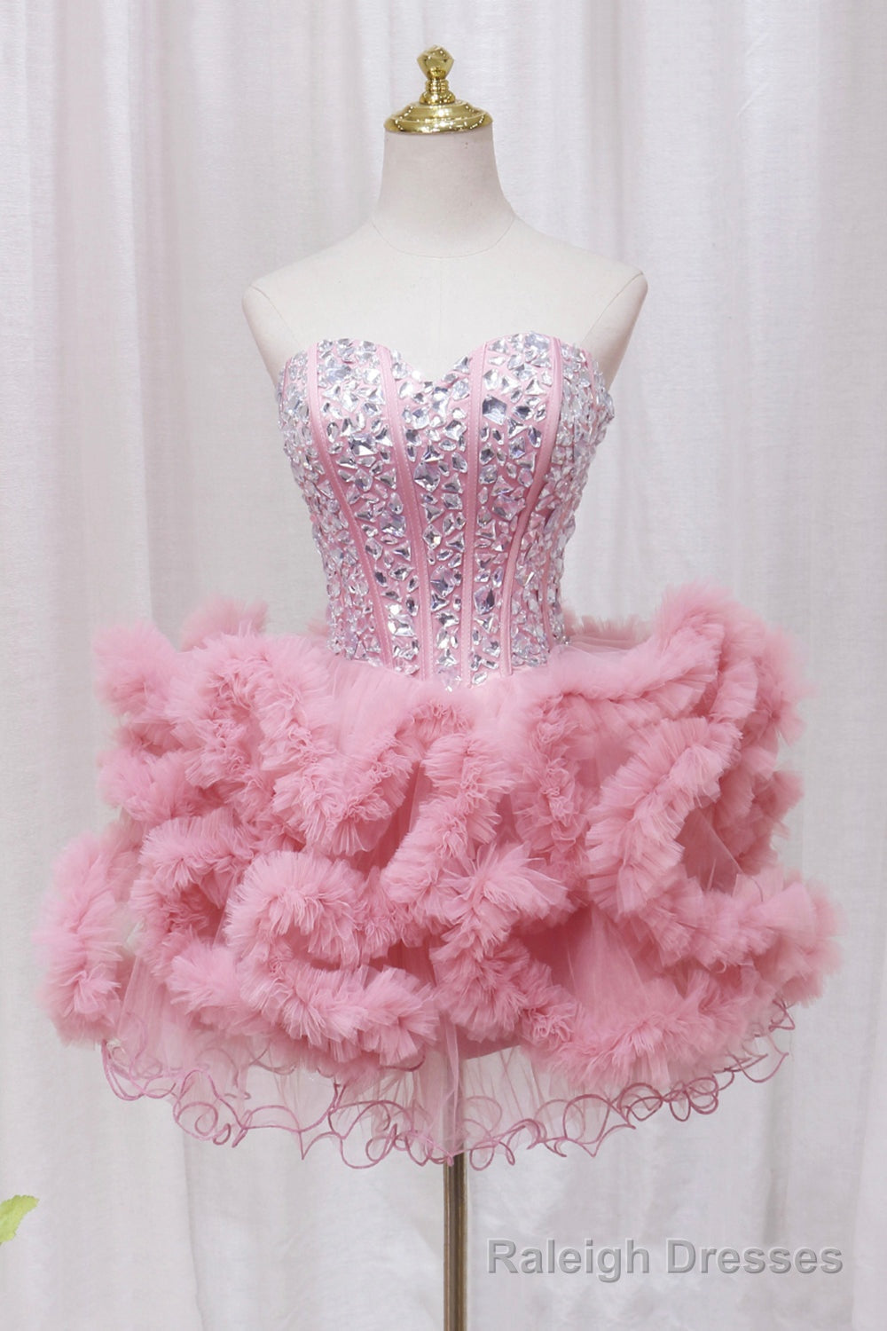 Pink Sweetheart Neckline Tulle Short Prom Dress with Rhinestones, Cute Prom Dress