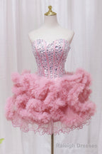 Pink Sweetheart Neckline Tulle Short Prom Dress with Rhinestones, Cute Party Dress