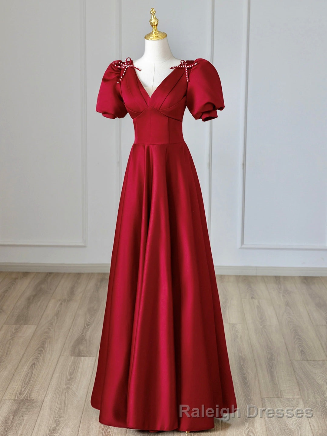 Burgundy V-Neck Satin Long Prom Dress, Burgundy Formal Evening Dress Main image