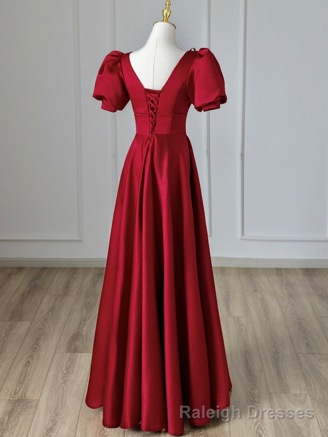 Burgundy V-Neck Satin Long Prom Dress, Burgundy Formal Evening Dress Secondary image