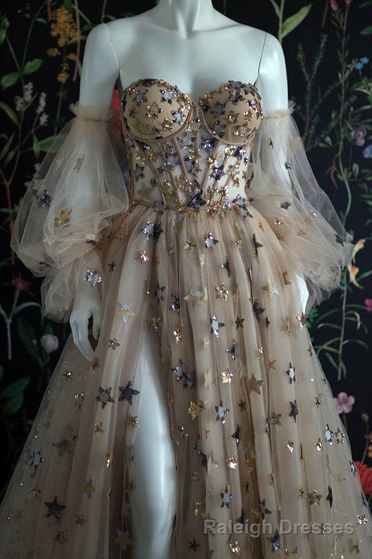 Champagne Tulle Long Prom Dress, Off the Shoulder Evening Dress with Stars Secondary image