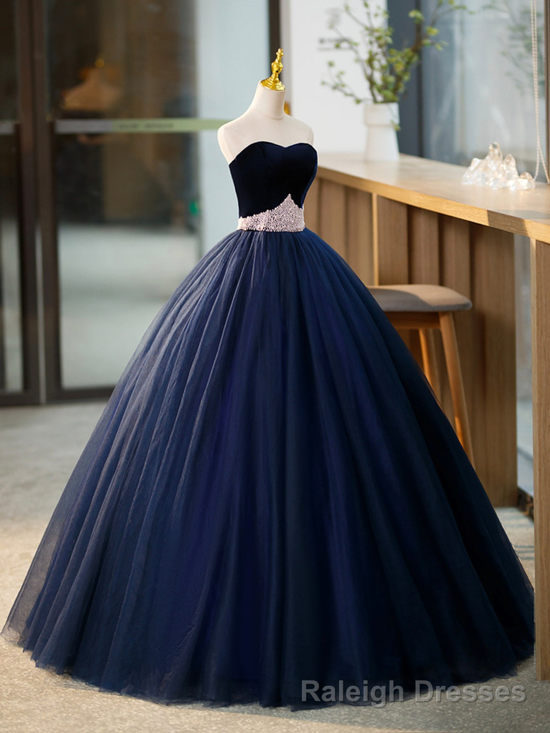 Blue Tulle Long Formal Dress with Velvet, Blue Sweetheart Neck Prom Dress Main image