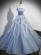Blue Strapless Tulle Long Prom Dress, Chic A-Line Formal Dress with Long Sleeves