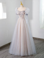 Cute Tulle Beaded Long Prom Dress, A Line Short Sleeve Prom Dress