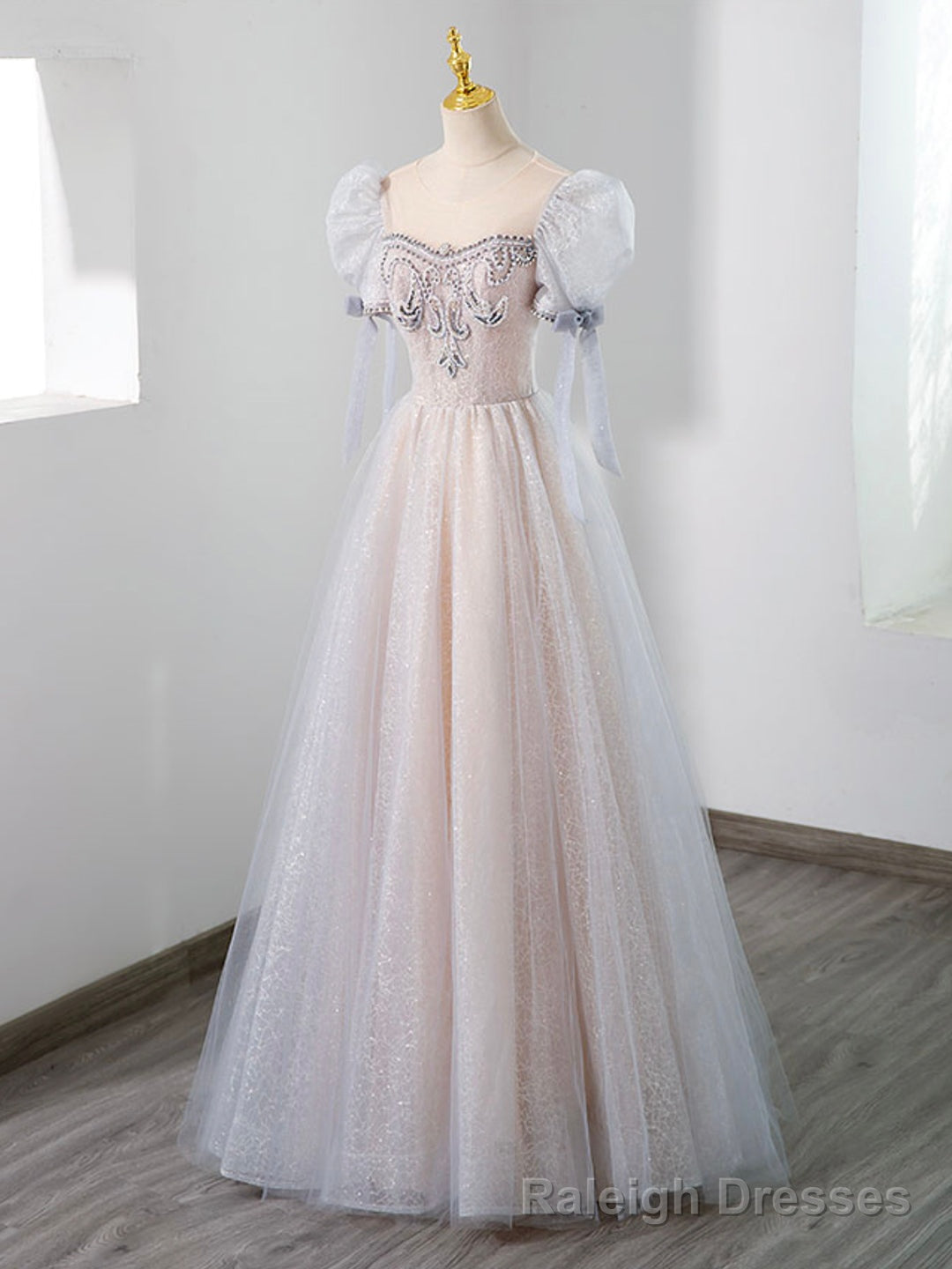 Cute Tulle Beaded Long Prom Dress, A Line Short Sleeve Prom Dress