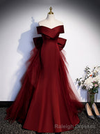 Burgundy V Neck Satin Long Prom Dress, Mermaid Off Shoulder Prom Dress with Bow