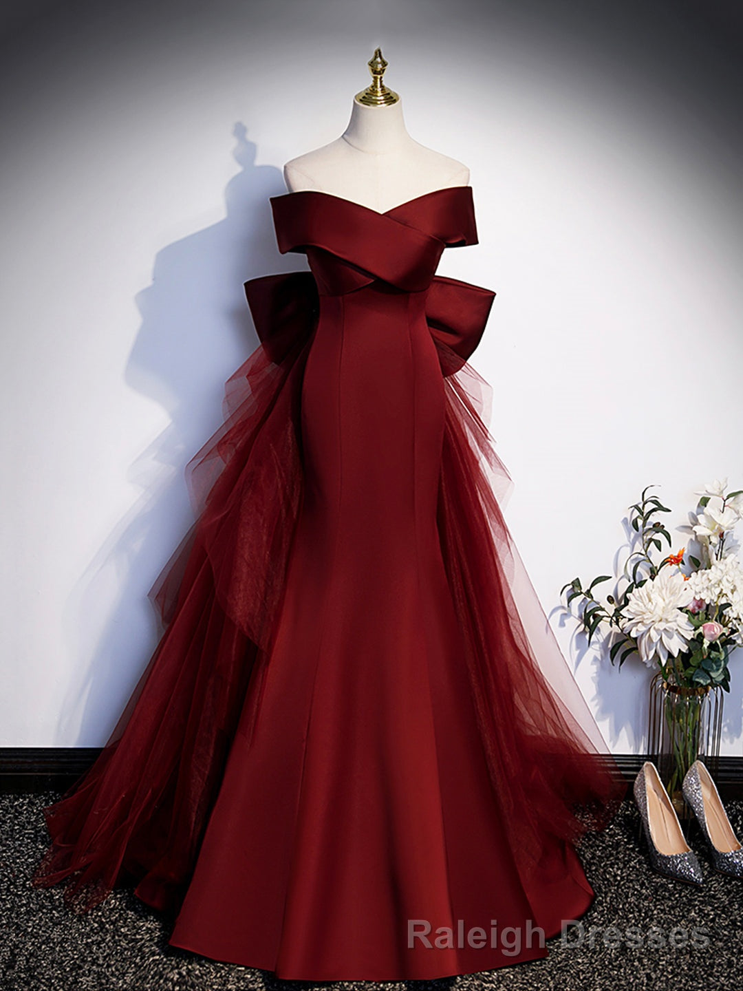 Burgundy V Neck Satin Long Prom Dress, Mermaid Off Shoulder Prom Dress with Bow