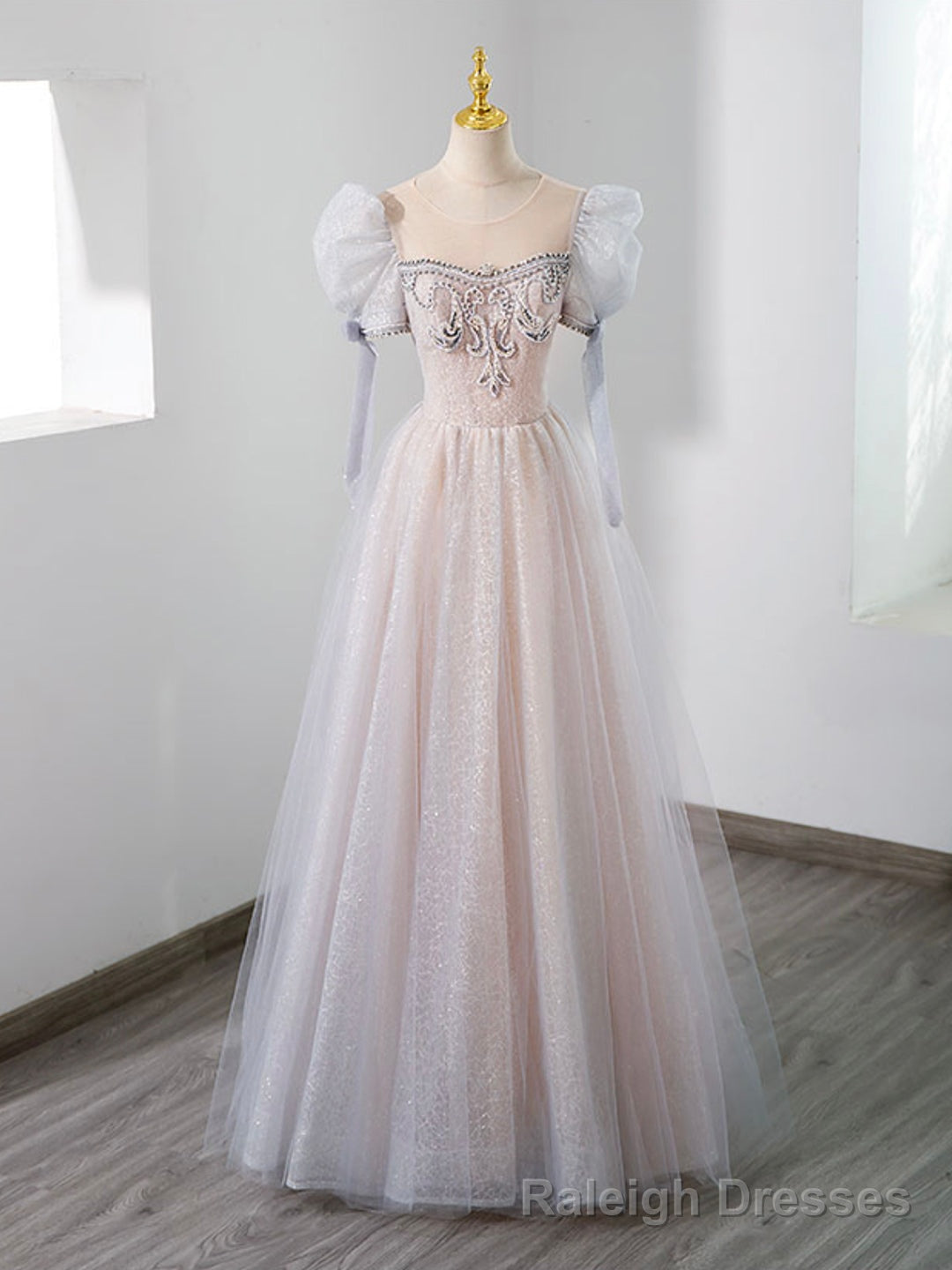 Cute Tulle Beaded Long Prom Dress, A Line Short Sleeve Prom Dress Secondary image