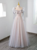 Cute Tulle Beaded Long Prom Dress, A Line Short Sleeve Prom Dress