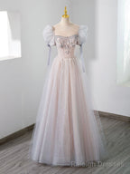 Cute Tulle Beaded Long Prom Dress, A-Line Short Sleeve Evening Dress