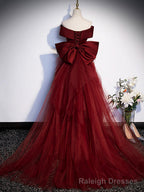 Burgundy V Neck Satin Long Prom Dress, Mermaid Off Shoulder Prom Dress with Bow