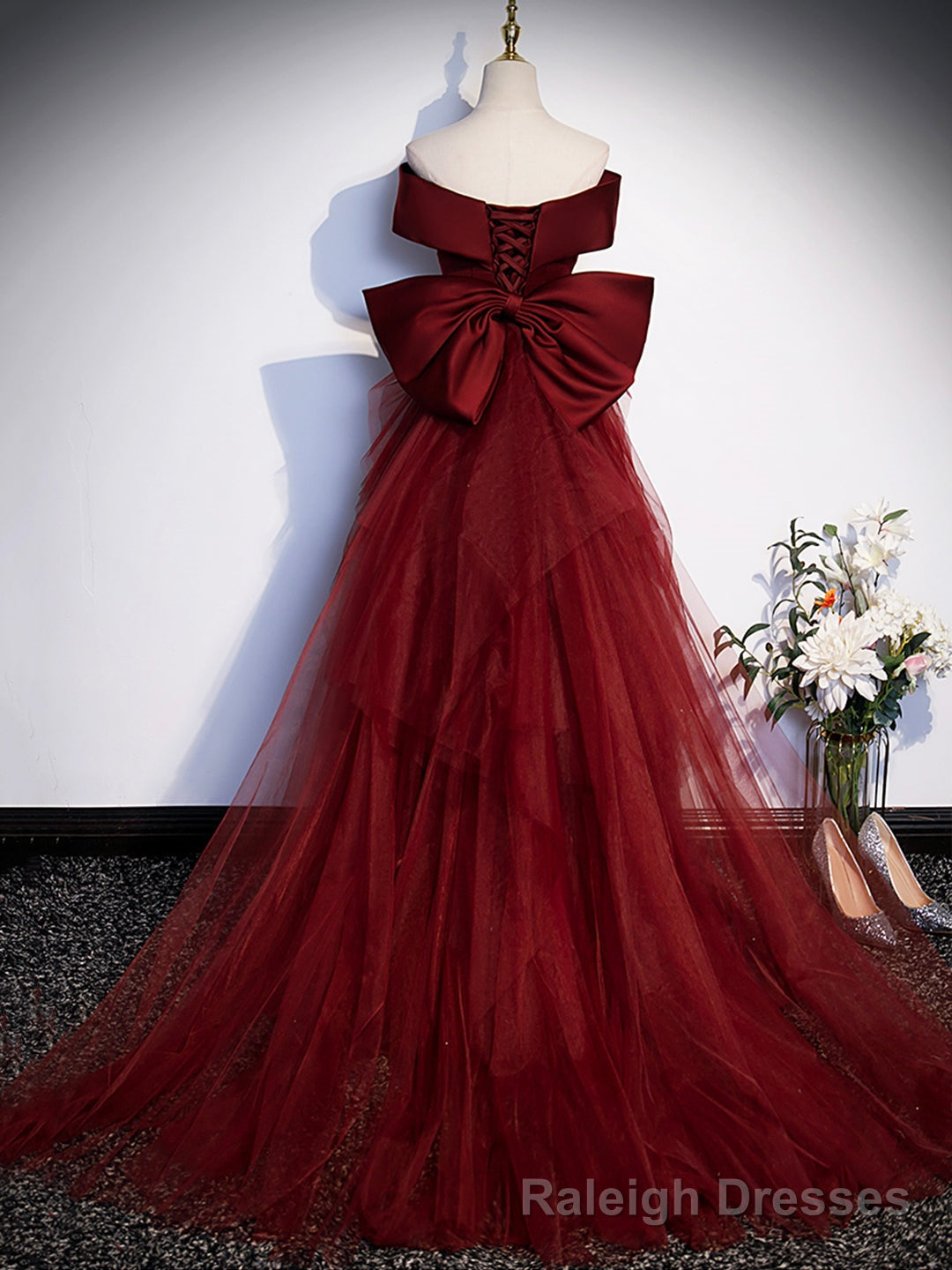 Burgundy V Neck Satin Long Prom Dress, Mermaid Off Shoulder Prom Dress with Bow