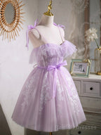 Lovely Spaghetti Strap Tulle Lace Short Prom Dress, Lavender A Line Prom Dress