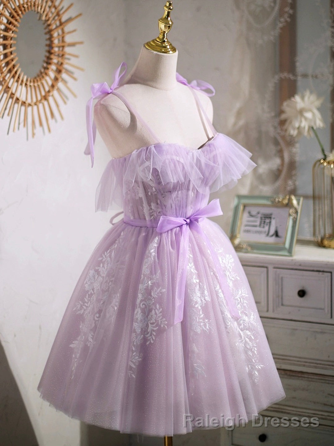 Lovely Spaghetti Strap Tulle Lace Short Prom Dress, Lavender A Line Prom Dress