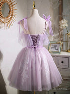 Lovely Spaghetti Strap Tulle Lace Short Prom Dress, Lavender A Line Prom Dress