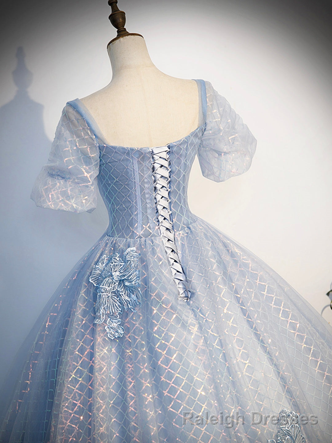 Blue Tulle Lace Long Prom Dress, Shiny A Line Short Sleeve Prom Dress