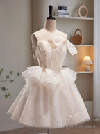 Champagne Spaghetti Strap Tulle Short Prom Dress, Cute A-Line Homecoming Dress