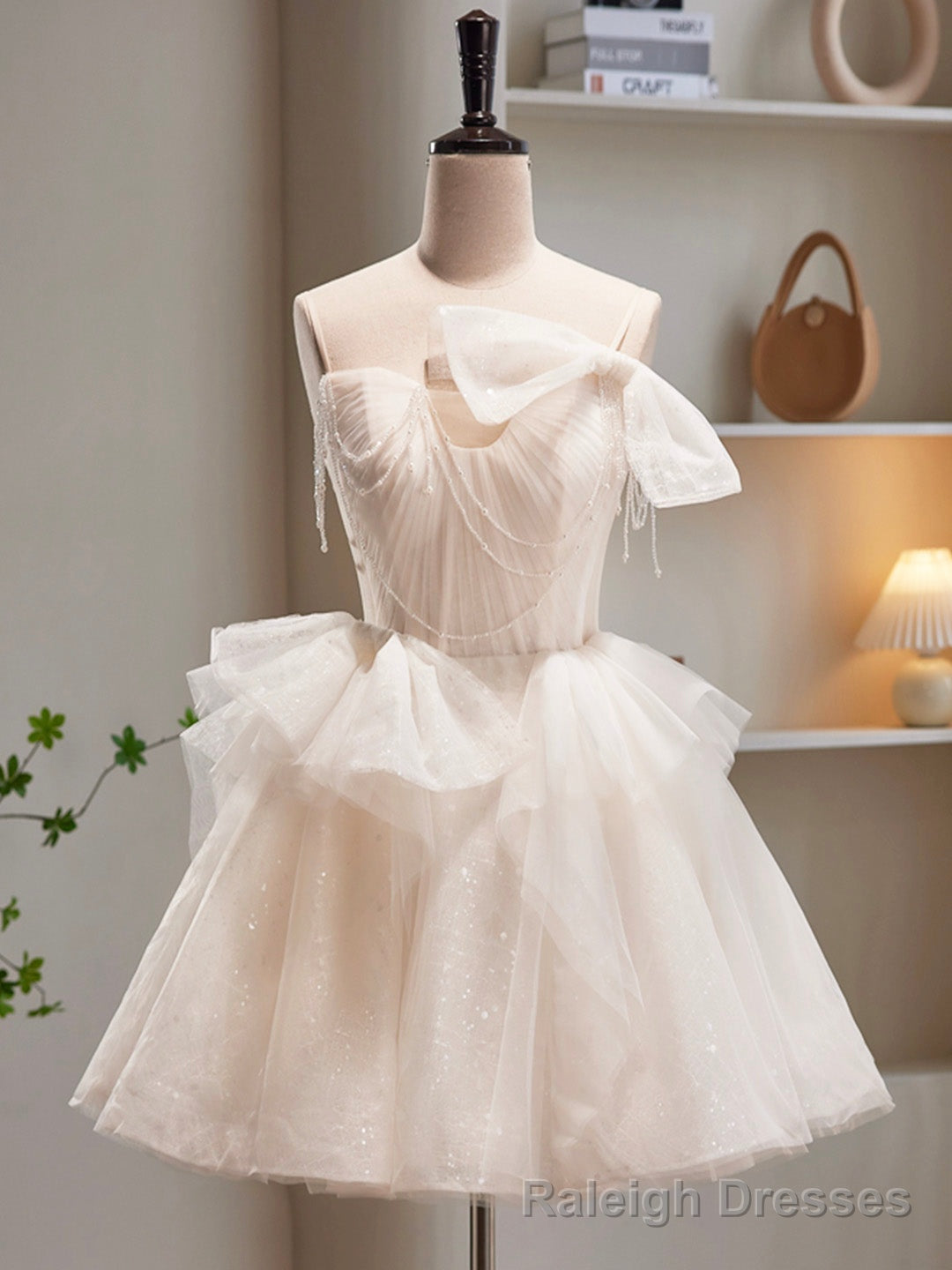 Champagne Spaghetti Strap Tulle Short Prom Dress, Cute A-Line Homecoming Dress Main image