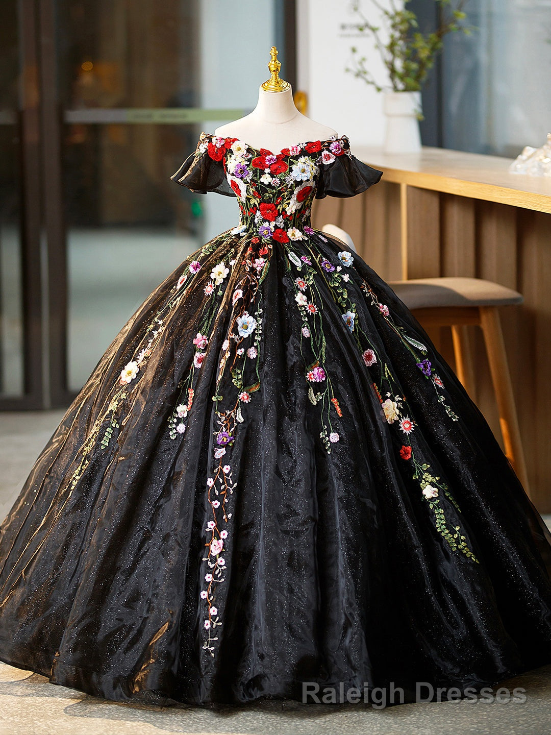 Black Tulle Long Prom Dress with Lace Flowers, Beautiful Off Shoulder Prom Gowns Secondary image
