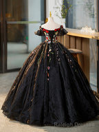 Black Tulle Long Prom Dress with Lace Flowers, Beautiful Off Shoulder Prom Gowns