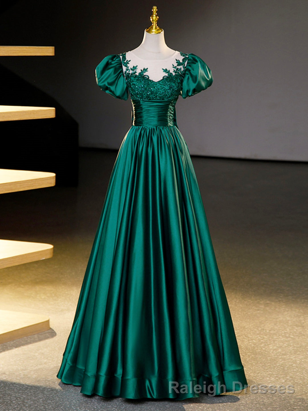 Green Satin Lace Floor Length Formal Dress, Short Sleeve A-Line Evening Dress Secondary image