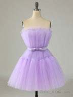 Purple Strapless Tulle Knee Length Prom Dress, A Line Homecoming Dress