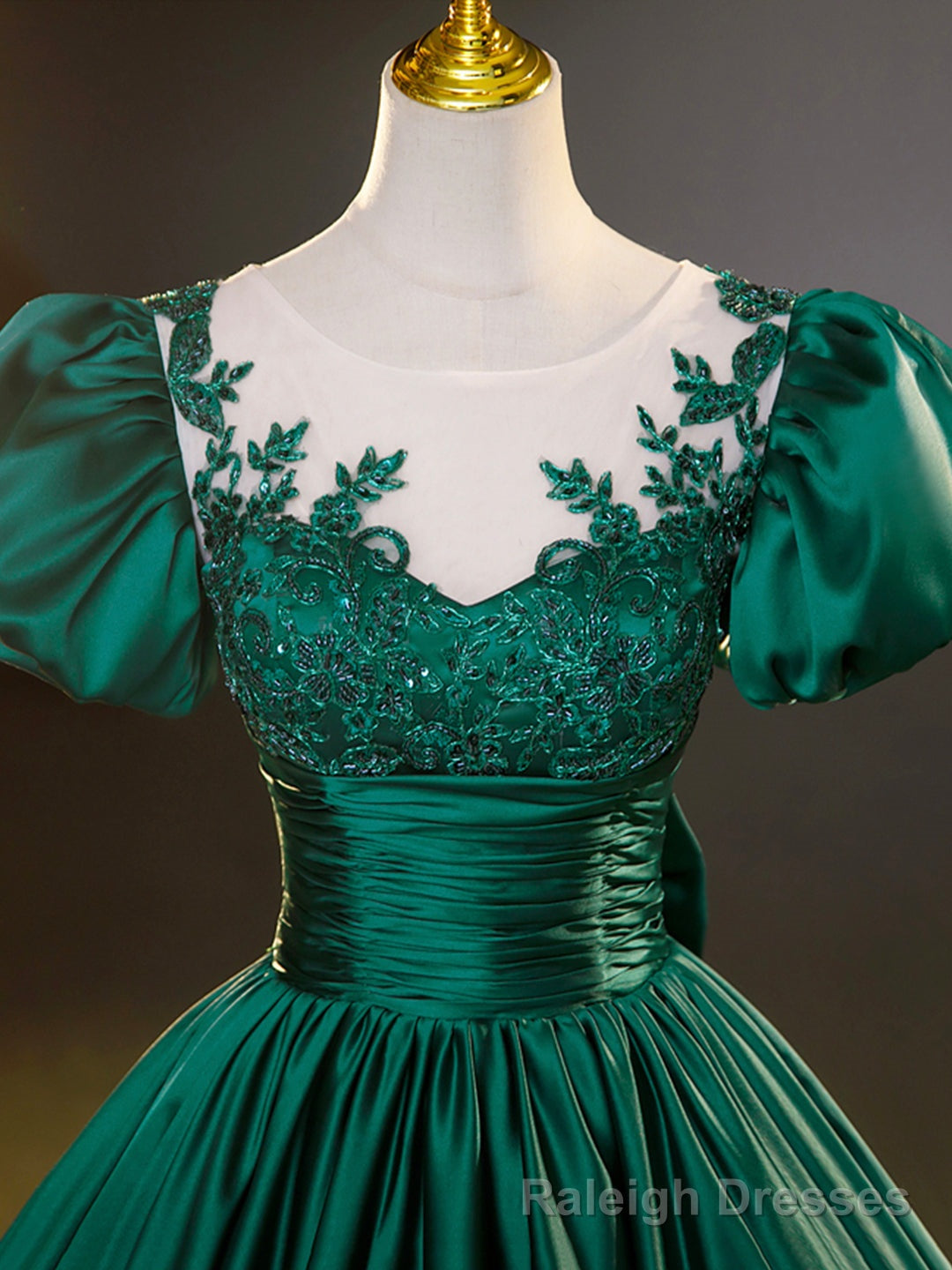Green Satin Lace Floor Length Formal Dress, Short Sleeve A Line Prom Dress