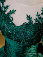 Green Satin Lace Floor Length Formal Dress, Short Sleeve A Line Prom Dress